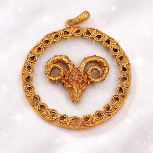 Vintage Aries Zodiac Ram Gold Tone Filigree Pendant Necklace Charm